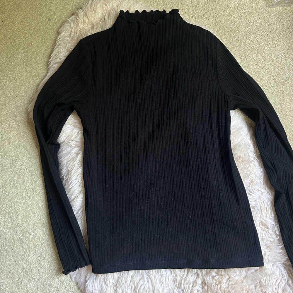 LOFT Black Ribbed Mock Neck Top with Lettuce Edge